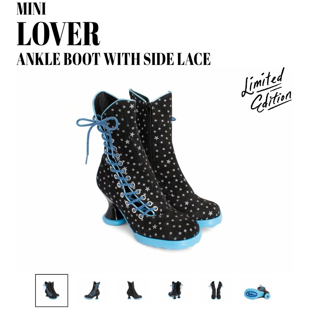 John Fluevog Mini Lover Limited Edition Black and Blue Star Lace-Up Boots - Picture 8 of 8